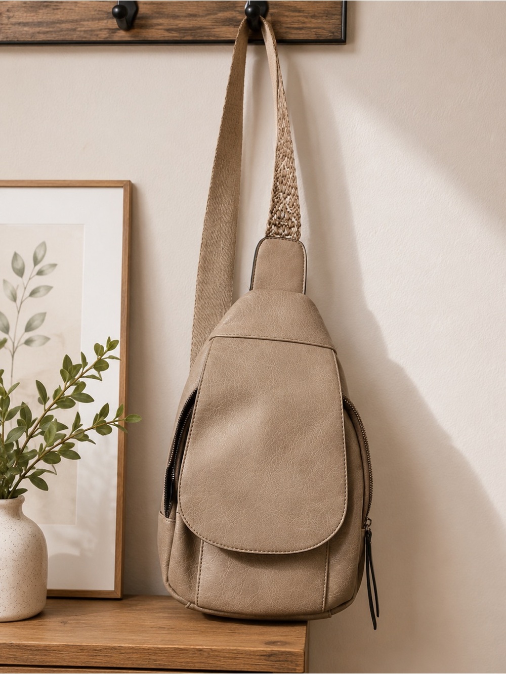 Women's Taupe Crossbody Sling Bag - Casual Everyday Bag